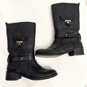 Tory Burch Leona Motorcycle Boot Black Leather Size 7